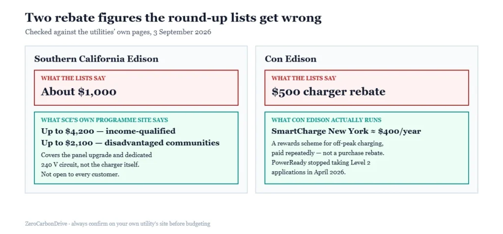 Comparison showing two utility ev charger rebates misstated by round-up lists, with the figures from the utilities own programme pages
