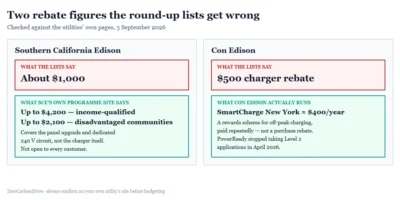 Comparison showing two utility ev charger rebates misstated by round-up lists, with the figures from the utilities own programme pages