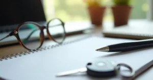 Desk with reading glasses, pen and a car key beside blurred paperwork