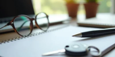 Desk with reading glasses, pen and a car key beside blurred paperwork