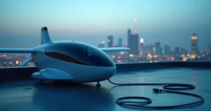 An eVTOL aircraft on a rooftop landing pad in a city at dusk