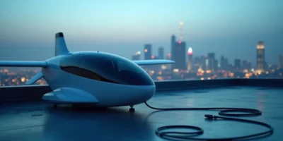 An eVTOL aircraft on a rooftop landing pad in a city at dusk