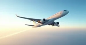 Airliner climbing at dawn leaving a short contrail behind it